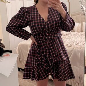 Tanya Taylor Lexi Plaid Wrap Dress Women 4 Navy Pink Puff Long Sleeve Ruffle Hem